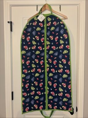 Quilted Navy Floral Garment Bag with Green Trim & Interior